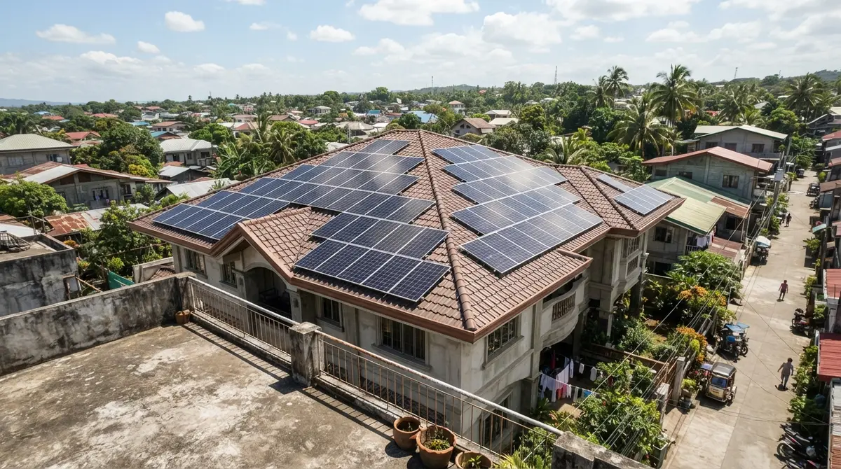 A vast grid of solar panels covering a large house roof under bright sunlight.
