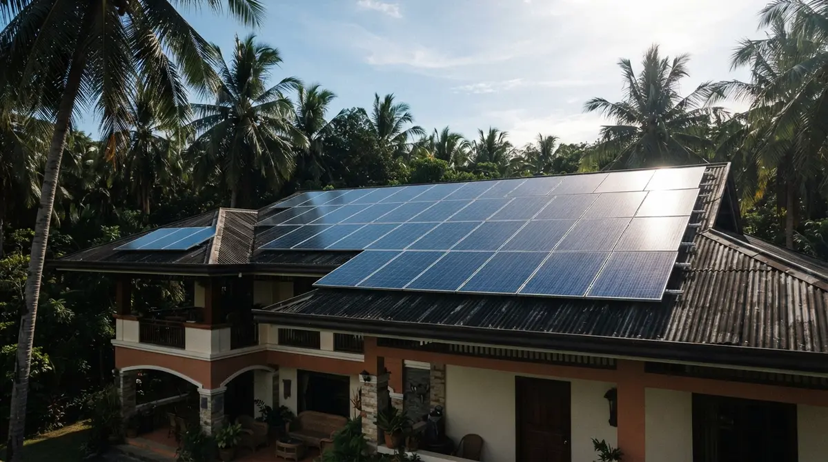 Solar panels covering the expansive metal roof of a house under bright daylight