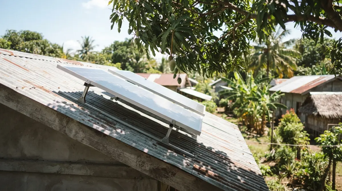 Two solar panels mounted on a small corrugated metal roof under a bright sunny sky.
