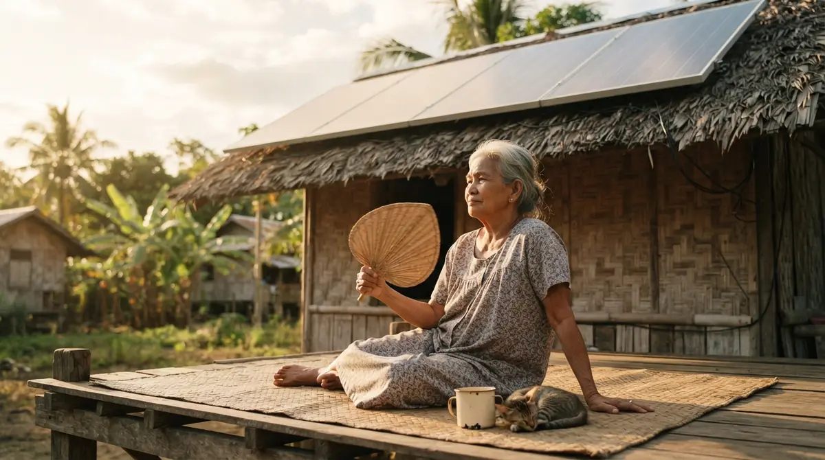A woman sits on a porch with solar panels mounted on the roof above.