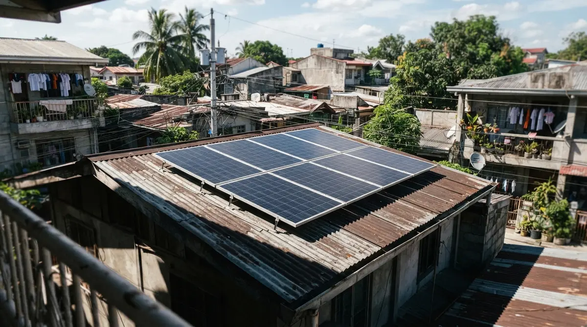 Six solar panels arranged on a narrow, weathered corrugated metal roof under bright sunlight.