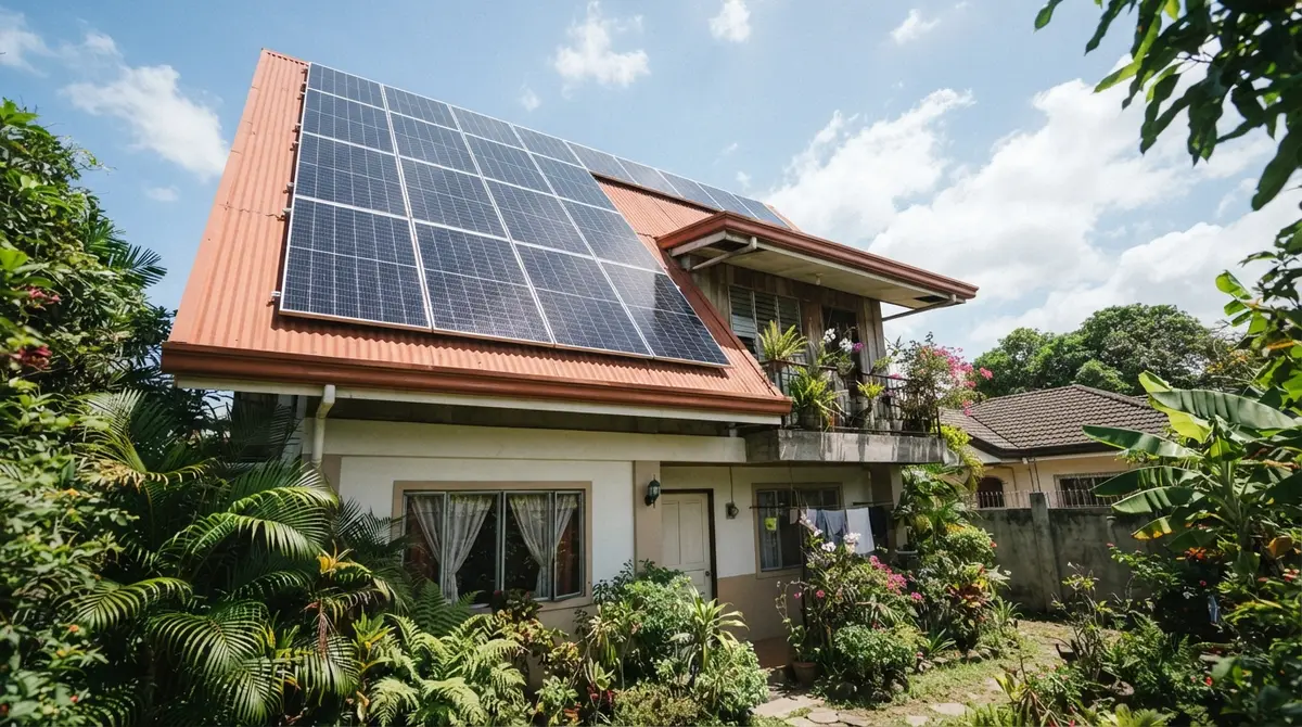 Ten solar panels covering a residential metal roof under bright sunlight.