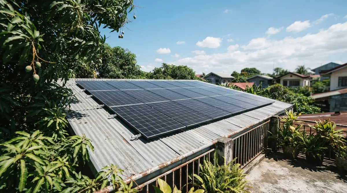 Twelve solar panels covering a residential metal roof under a bright blue sky.