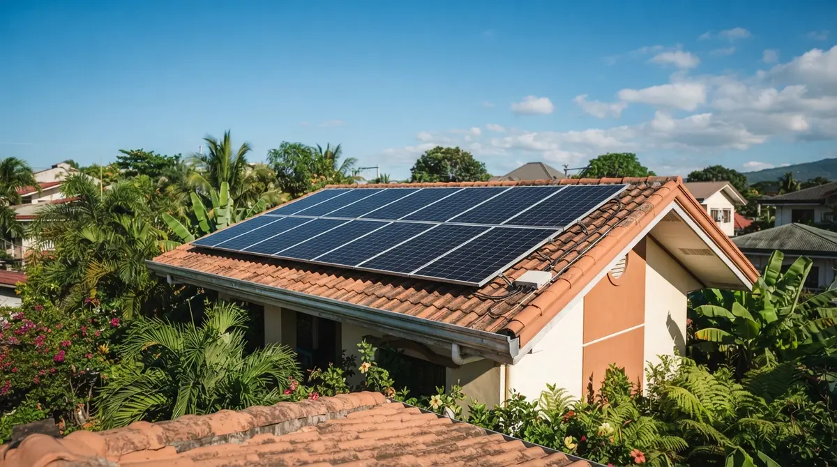 A large grid of solar panels covering a residential roof under a bright blue sky.