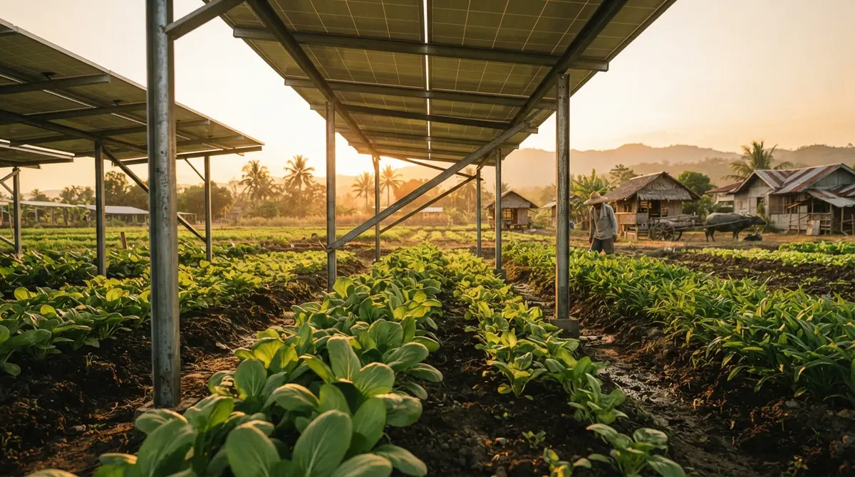 Green leafy vegetables growing in rows beneath elevated solar panels on a farm.