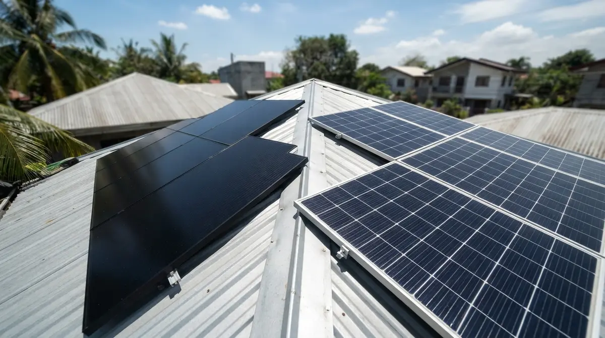 Two different types of solar panels joined together on a residential rooftop under sunlight.