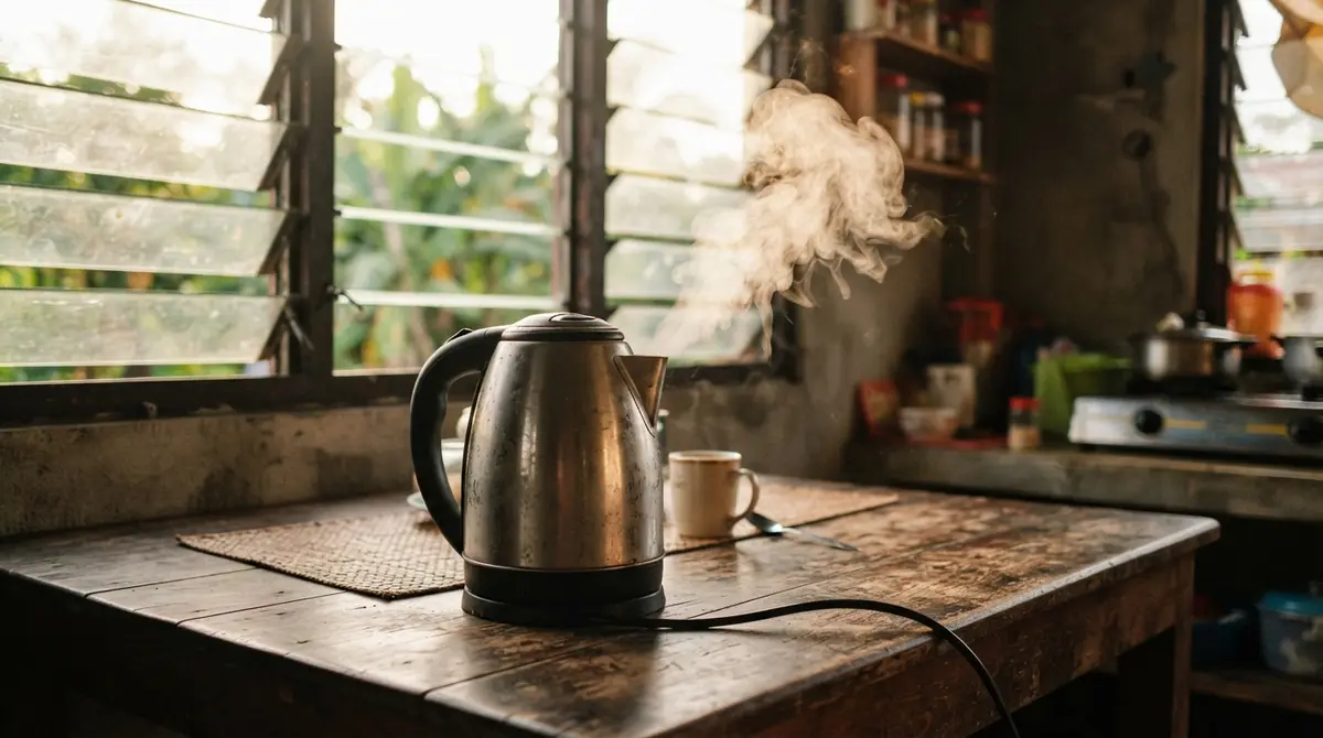 An electric kettle sits on a wooden table with steam rising into a sunlit kitchen.