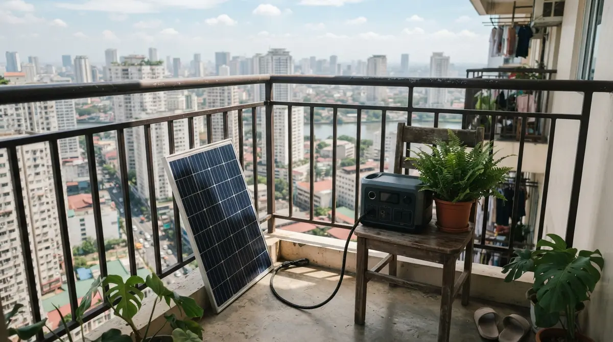 A small solar panel sits on a city balcony connected to a portable battery station.
