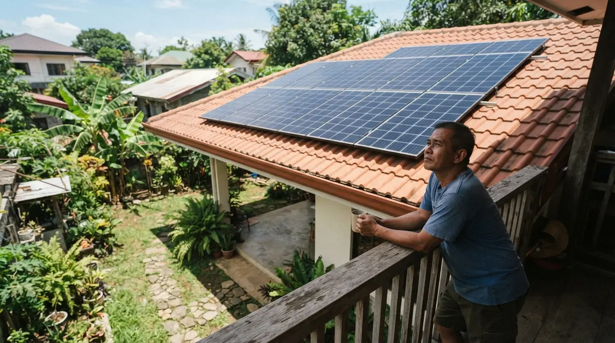A homeowner standing on a wooden porch looking up at solar panels on a roof.