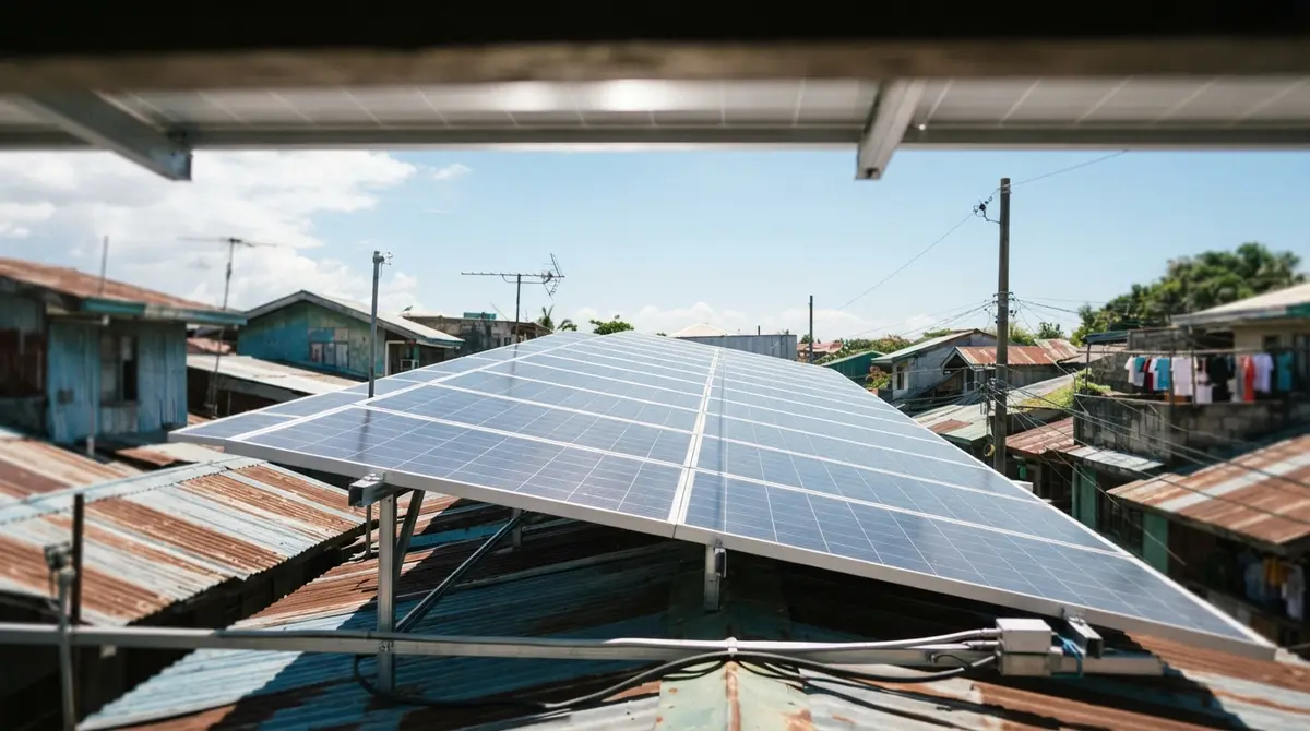 Uniform solar panels mounted on a residential rooftop under a clear blue sky.