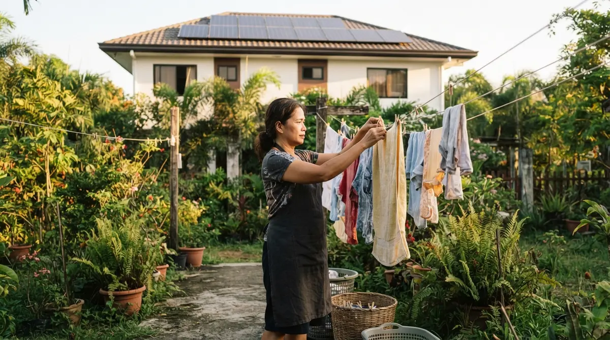 A woman hangs laundry in a backyard beside a house with rooftop solar panels.
