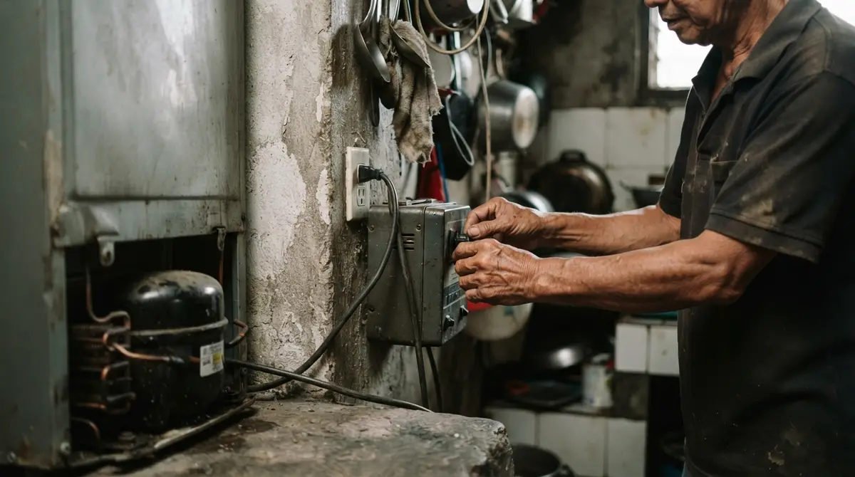 Hands adjusting a voltage stabilizer connected to a refrigerator in a dimly lit kitchen.
