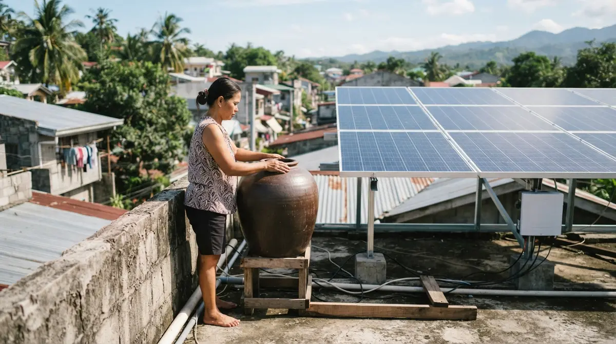 A person stands near solar panels on a sunny Philippine roof beside a clay jar.