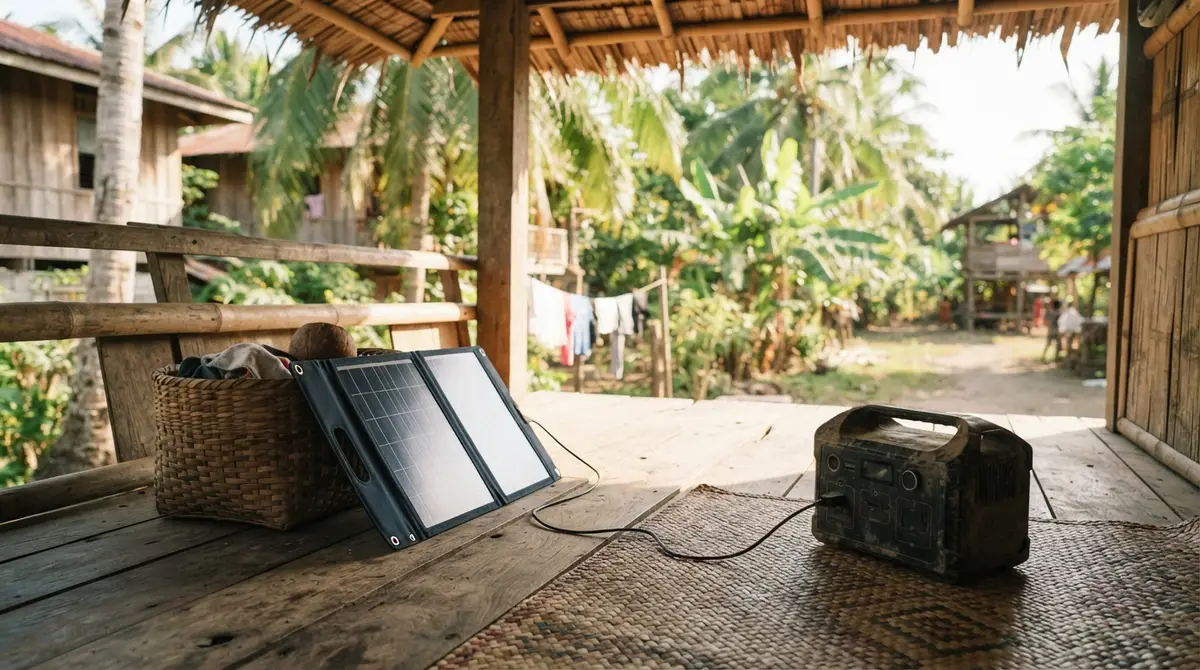 A small portable solar panel leans against a basket on a sunny wooden porch.