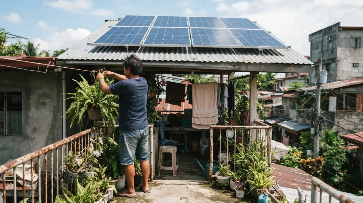 A man on a balcony looks toward solar panels installed on a corrugated metal roof.