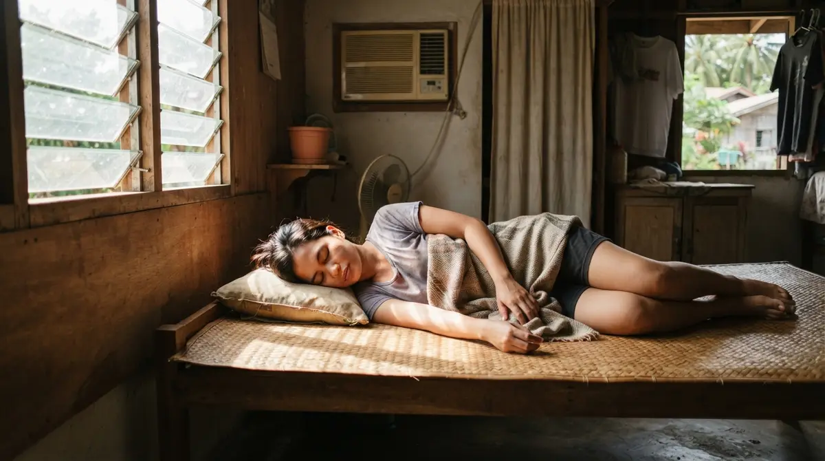 A person sleeping on a floor mat near a wall-mounted air conditioning unit.