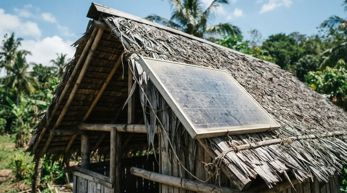 A dusty, unbranded solar panel installed on a weathered, traditional nipa hut roof in sunlight.
