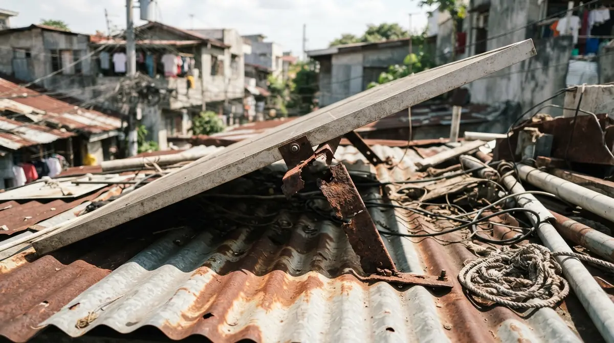 A rusted, broken metal bracket failing underneath a solar panel on a corrugated metal roof.