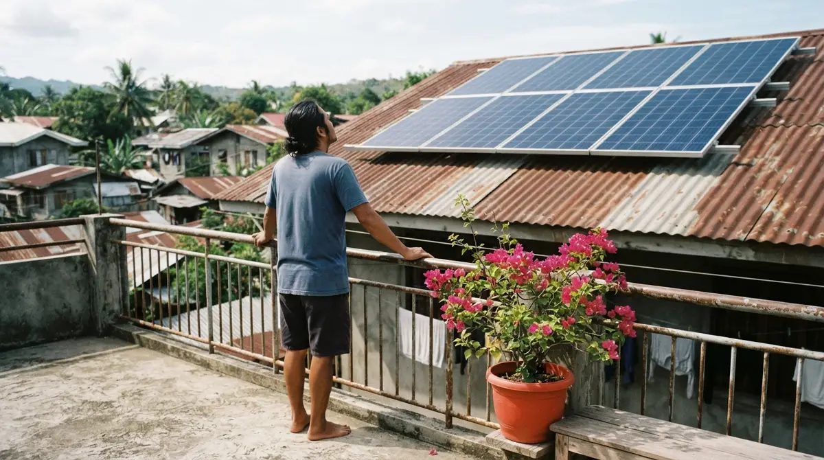 A man looks up at dark solar panels mounted on a house roof.