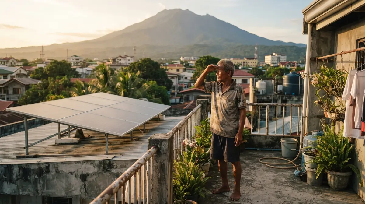 A person stands on a sunny balcony looking toward a residential rooftop solar panel installation.