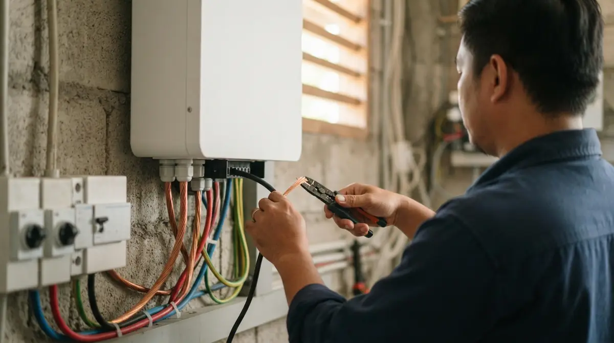 Hands connecting thick copper wires into the underside of a wall-mounted solar inverter.