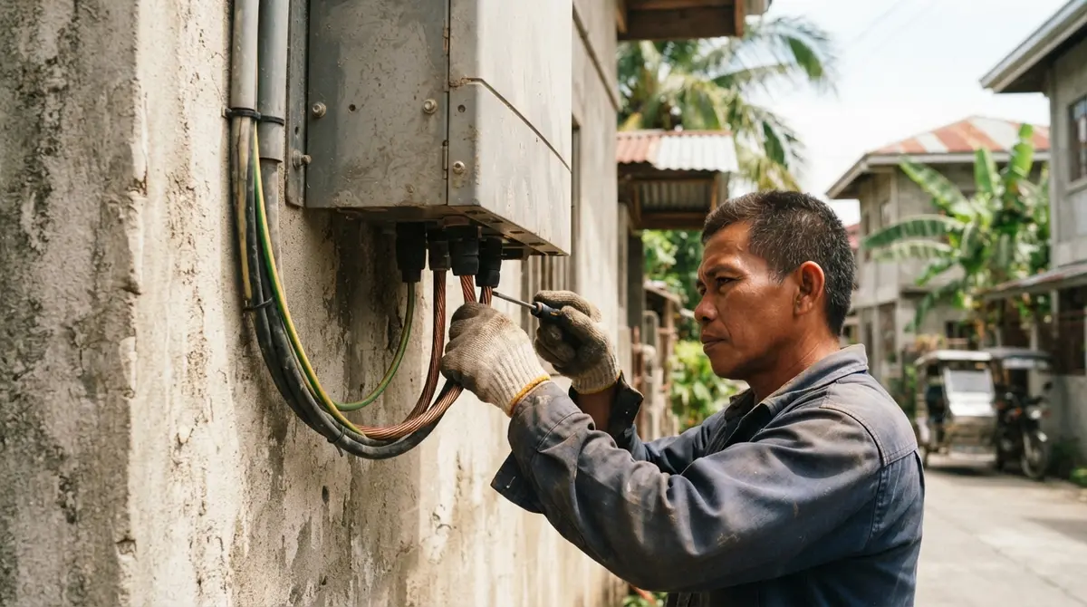 A technician connects wiring into a metal hybrid inverter unit mounted on a concrete wall.