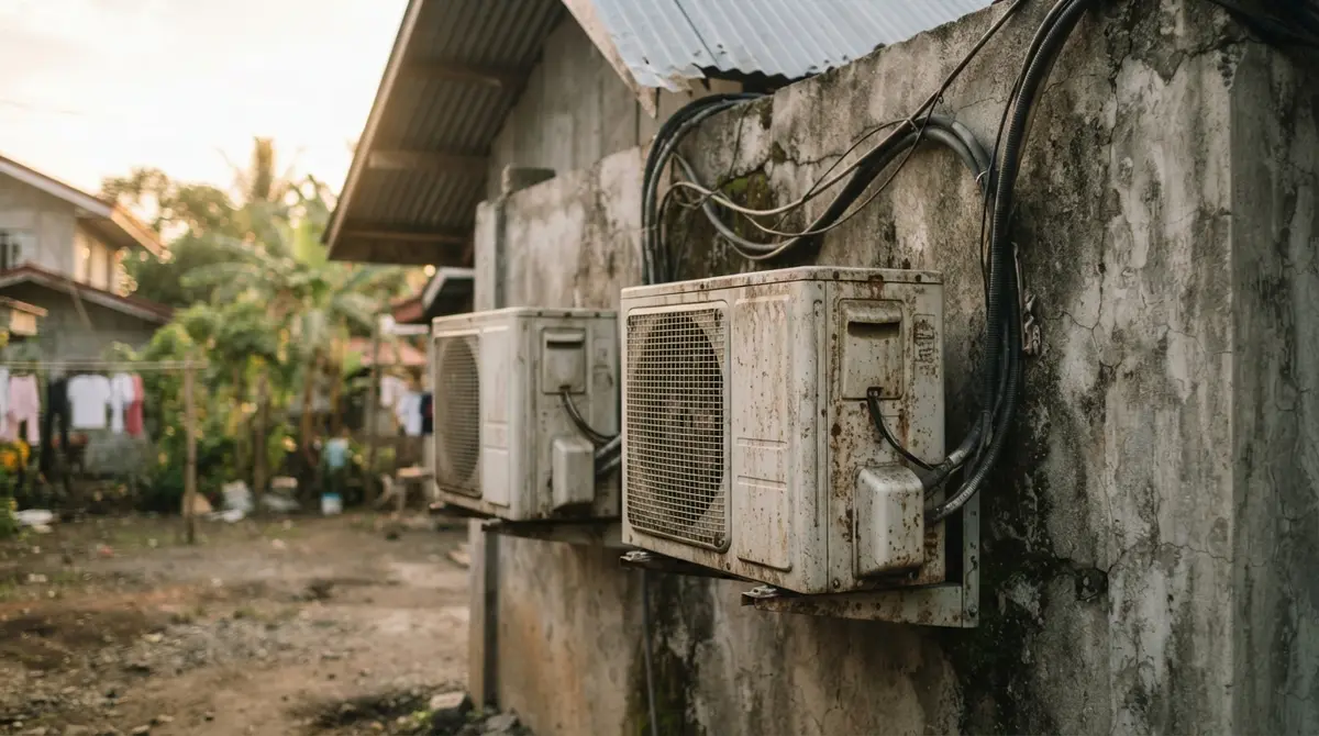 Two industrial inverters mounted on a rough concrete wall under soft afternoon sunlight.