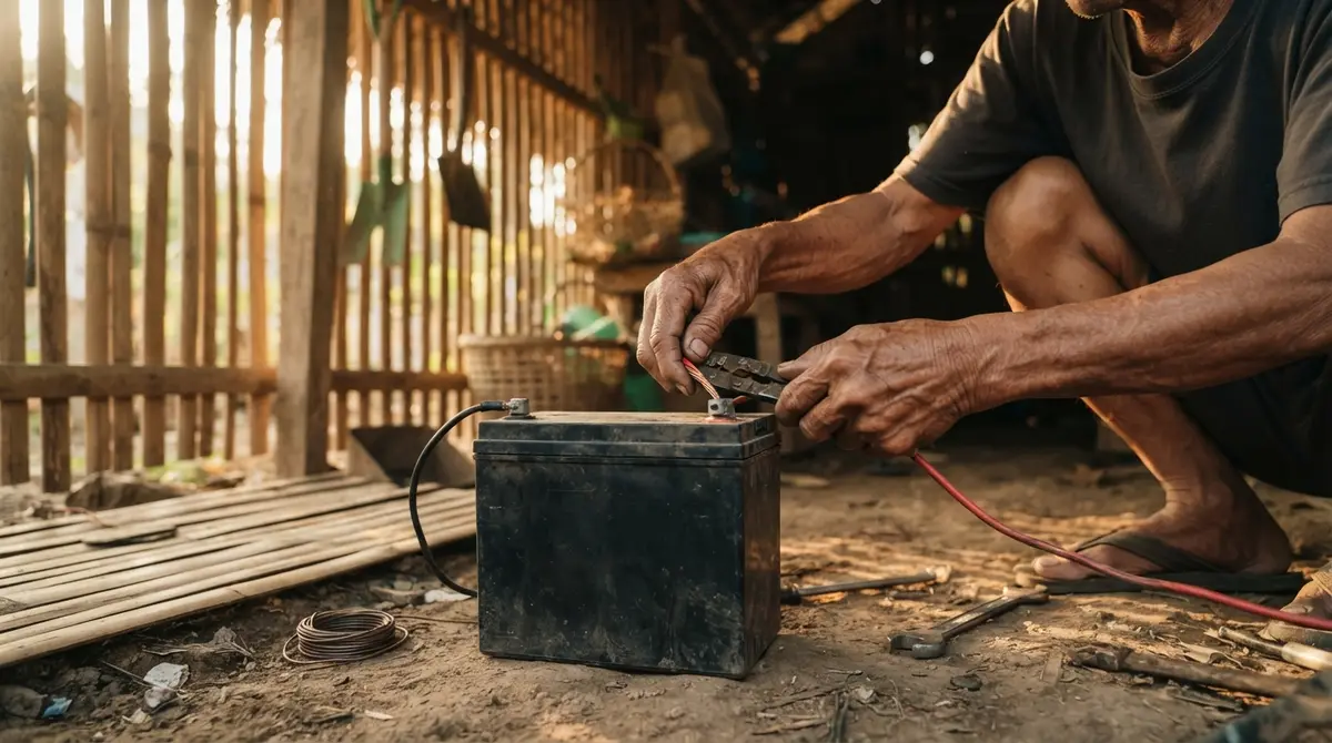 Hands connecting wires to a battery inside a small bamboo garden shed.