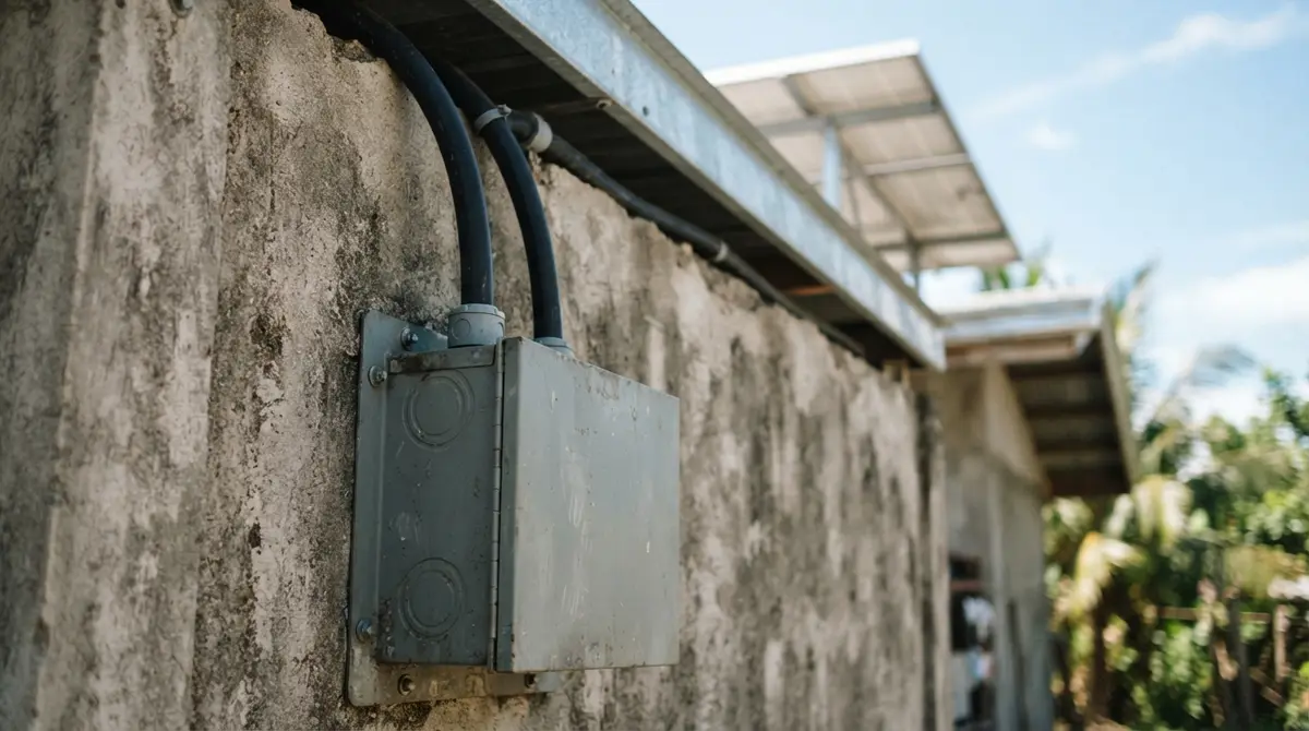 A grey electrical breaker box on a concrete wall with conduits leading to a roof.