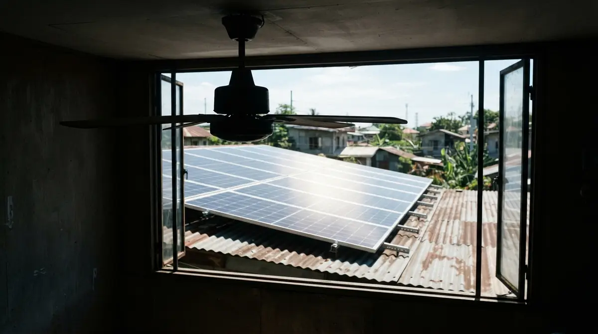 A ceiling fan hangs still in a dim room with bright sunshine hitting rooftop panels outside.