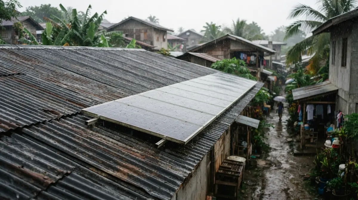 Damp solar panels on a wet corrugated roof under an overcast, rainy sky.