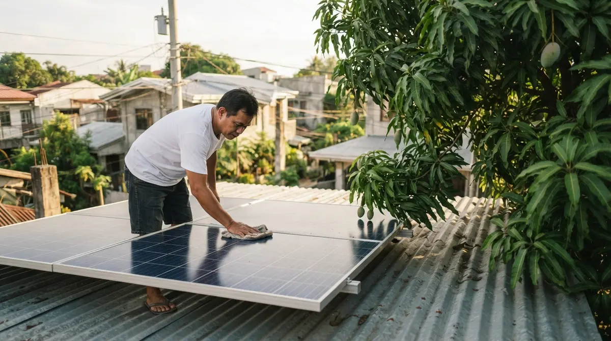 A person cleaning solar panels on a residential rooftop during a sunny afternoon.