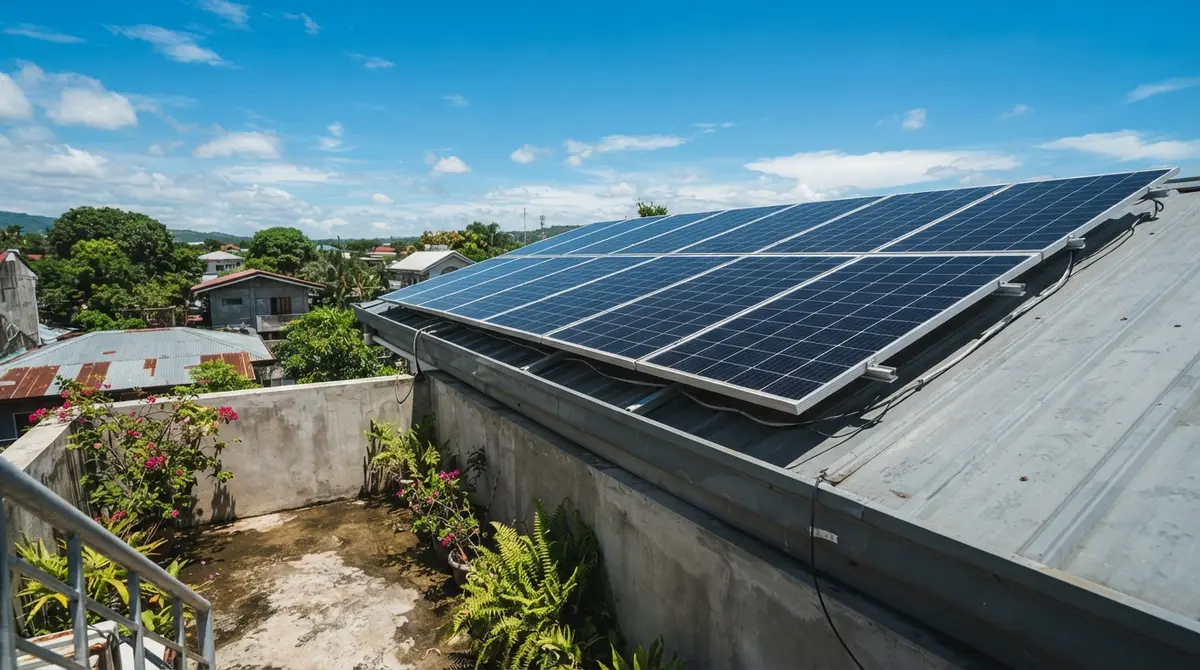 Rooftop solar panels basking in bright sunlight against a clear blue sky.
