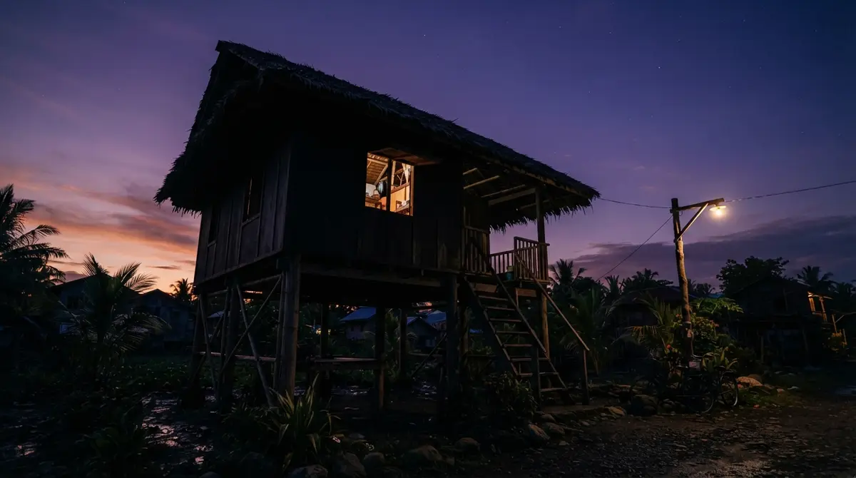 A stilt house silhouette glows against a darkening twilight sky with a single street light.