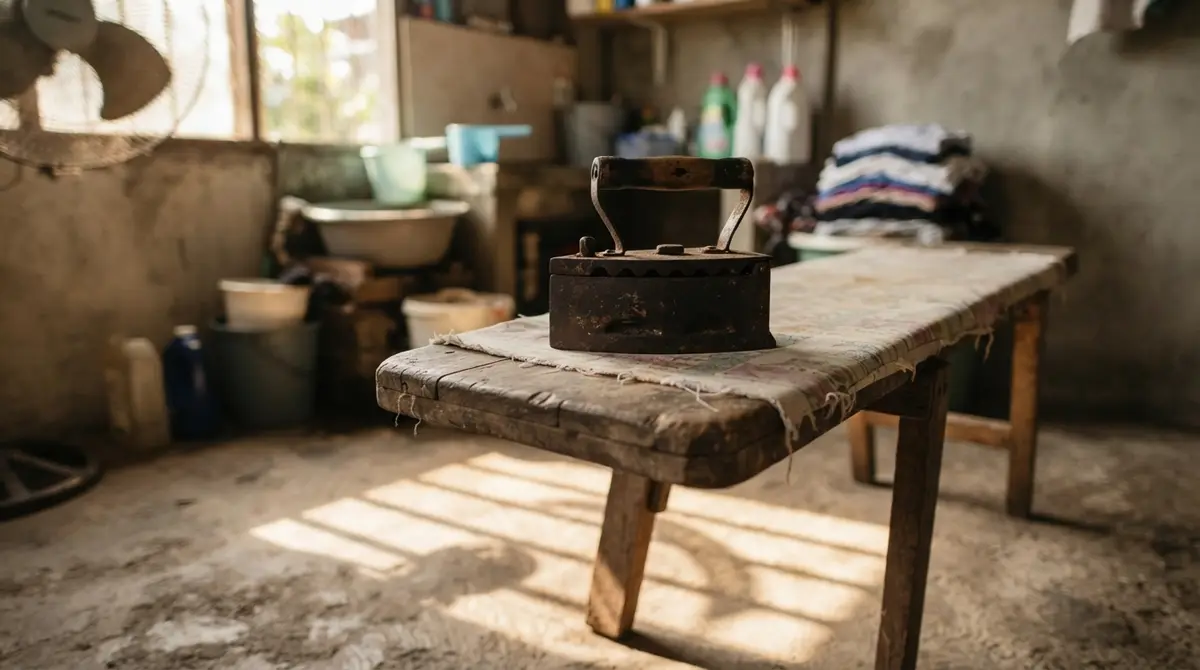 A heavy metal iron sitting on a wooden ironing board in a sunlit room.
