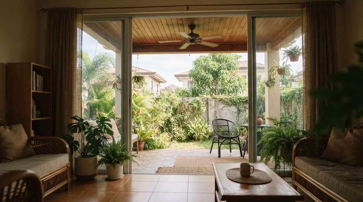 A sunlit living room with an open door looking out onto a lush garden.