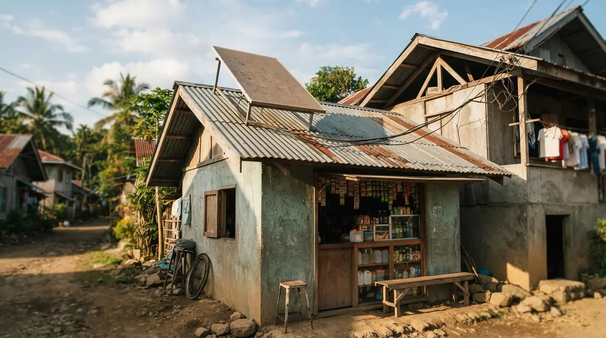 A lone solar panel mounted on a small store roof beside a tropical home.