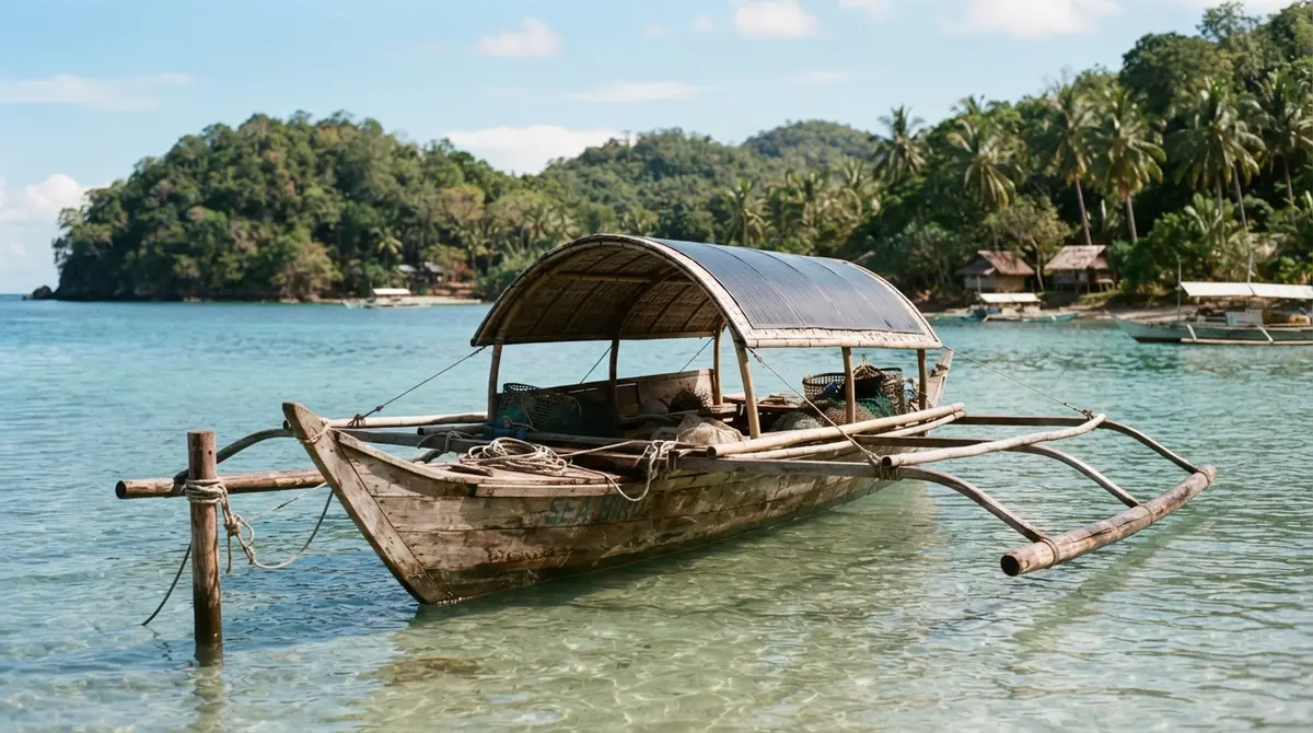 A flexible solar sheet attached to the curved bamboo canopy of a traditional wooden boat.