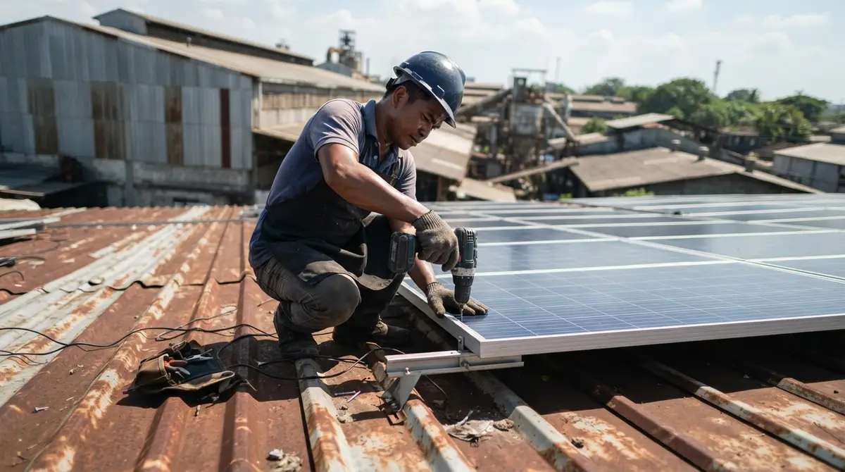 A worker installing a solar panel on a large industrial warehouse roof.