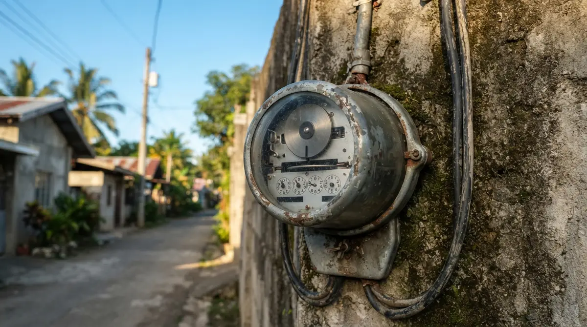 A utility meter with a still circular disk mounted on a sunlit concrete wall.