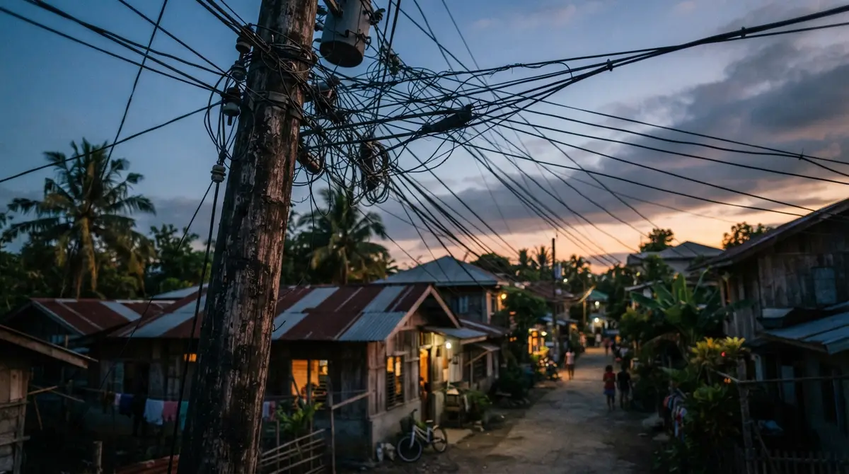 Tangled electrical wires hanging from a wooden utility pole against a sunset sky.