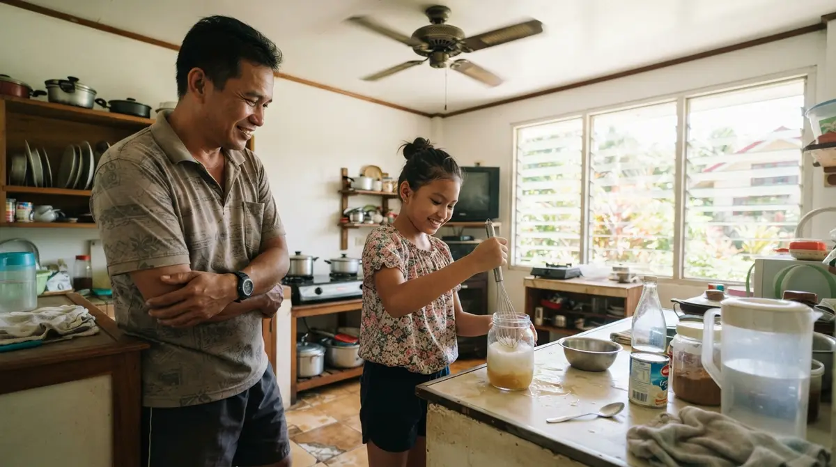 A father and daughter preparing a drink in a bright, sunlit kitchen at midday.