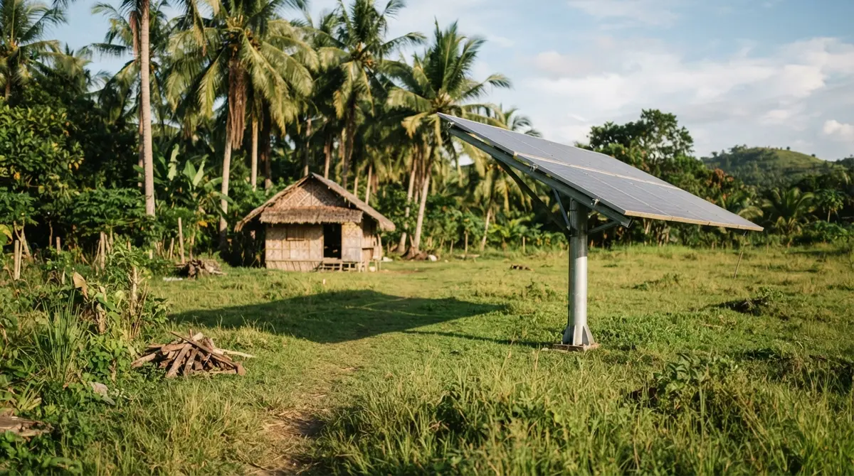 A solar panel mounted on a metal pole in a grassy backyard near a house.