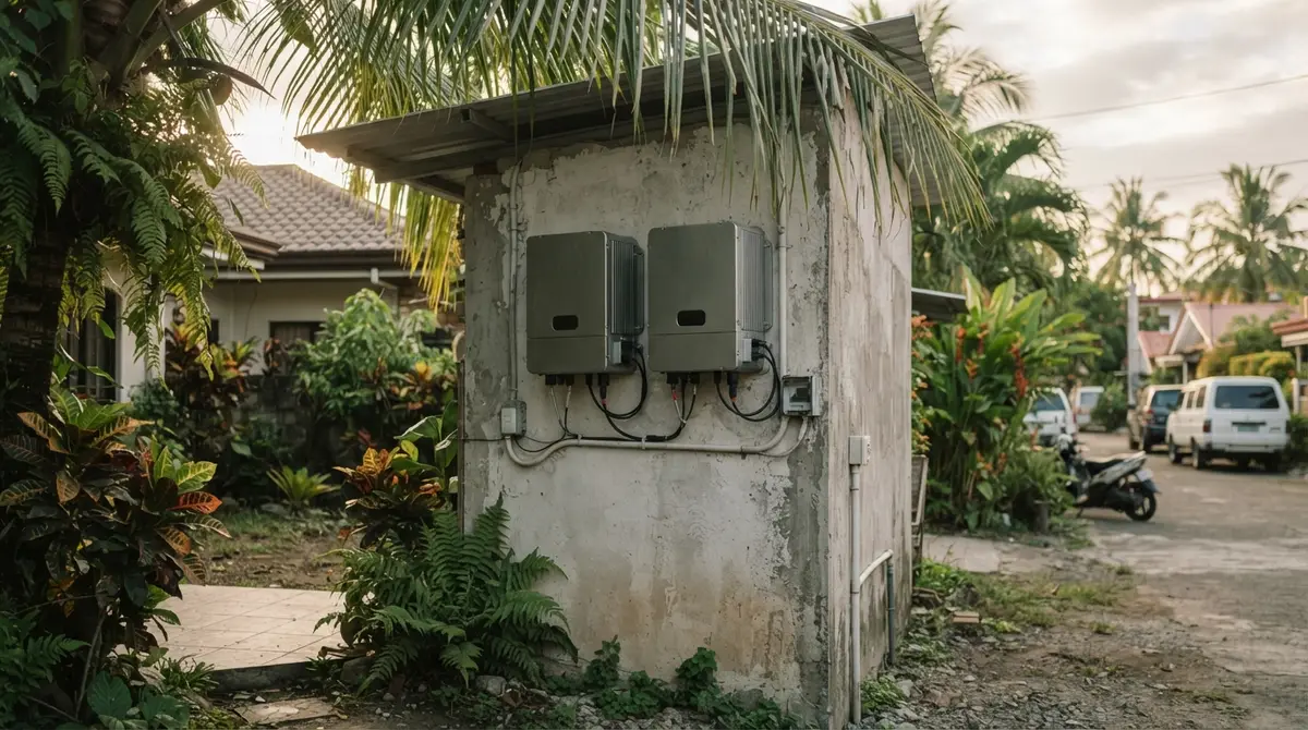 Two metallic inverter units mounted side-by-side on a weathered exterior residential wall.