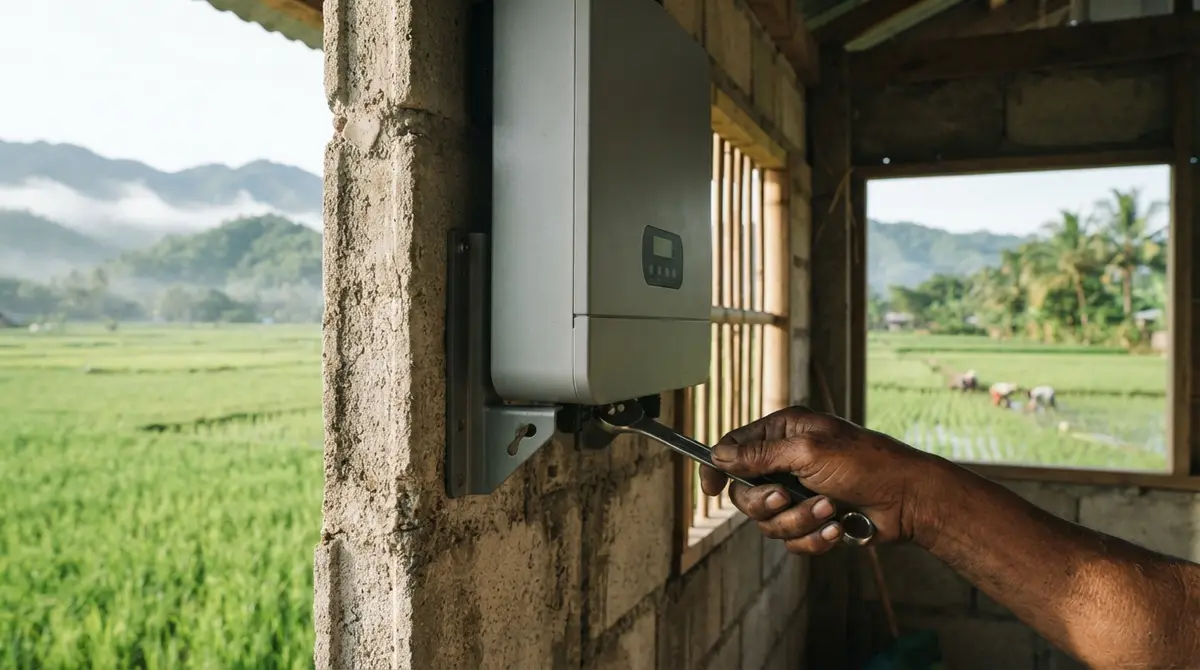 A close up view of a hand tightening a metal bolt on a solar inverter.