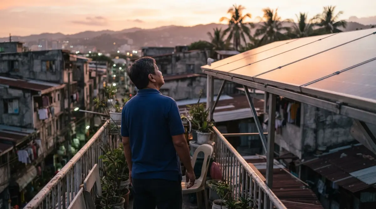 Government worker standing on a balcony watching sunset light reflect off rooftop solar panels.