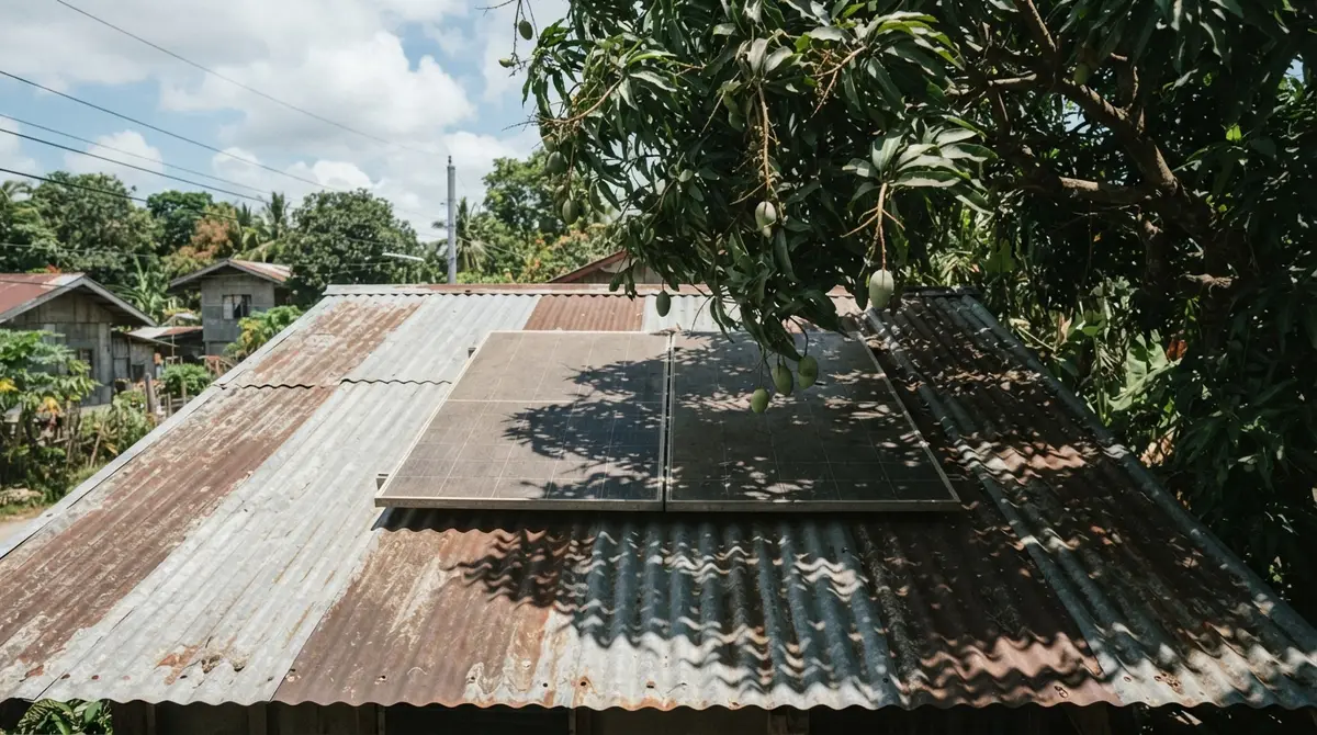 A solar panel on a metal roof partially covered by tree branch shadows.