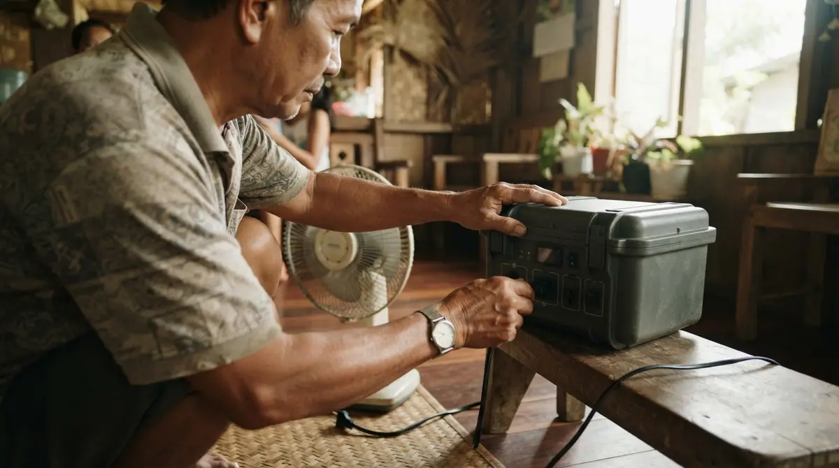 Hands connecting a portable power station to a floor fan in a sunlit room.