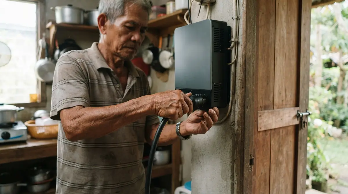 An elderly man connecting a thick cable into a wall-mounted electrical inverter in a kitchen.