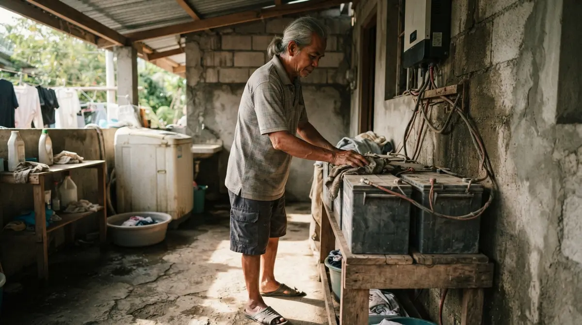 An older person cleaning a row of dusty solar batteries in a shaded outdoor space.